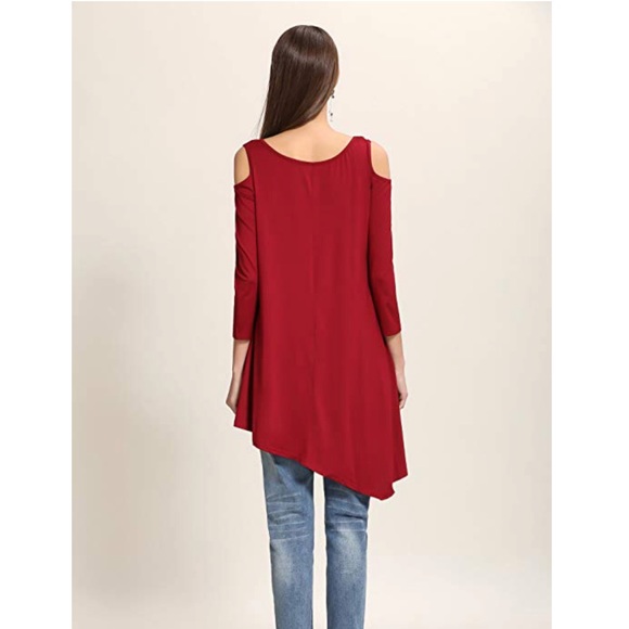 Red Flowy Oversized Cold Shoulder Tunic Blouse - Picture 4 of 5